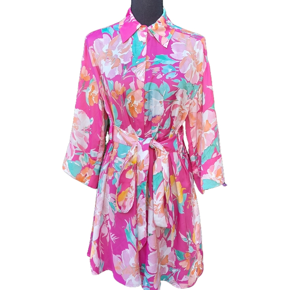 Zara Fuchsia Floral Shirt Dress with Pastel Accents